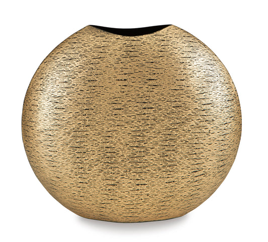 Gold-toned textured ceramic vase with dark oval opening; smooth rounded teardrop form