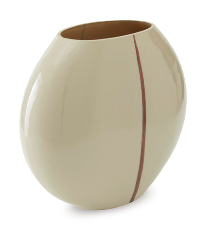 Ashley Sheabourne vase, tapered cream ceramic with vertical rust stripe and curved shoulder.