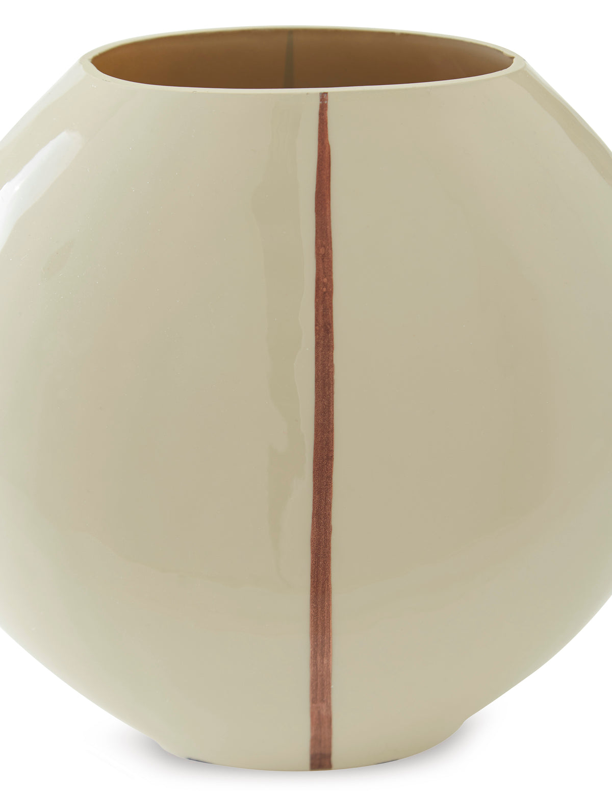 Ashley Sheabourne vase close-up, cream ceramic with vertical rust stripe from rim downward.