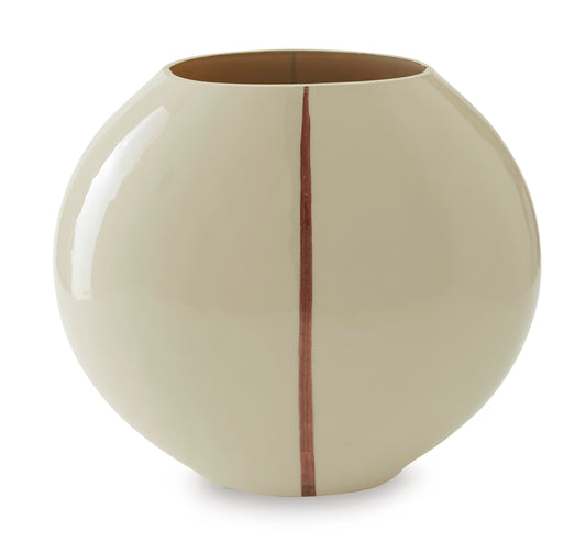 Ashley Sheabourne vase, cream ceramic with glossy finish and vertical rust stripe center.