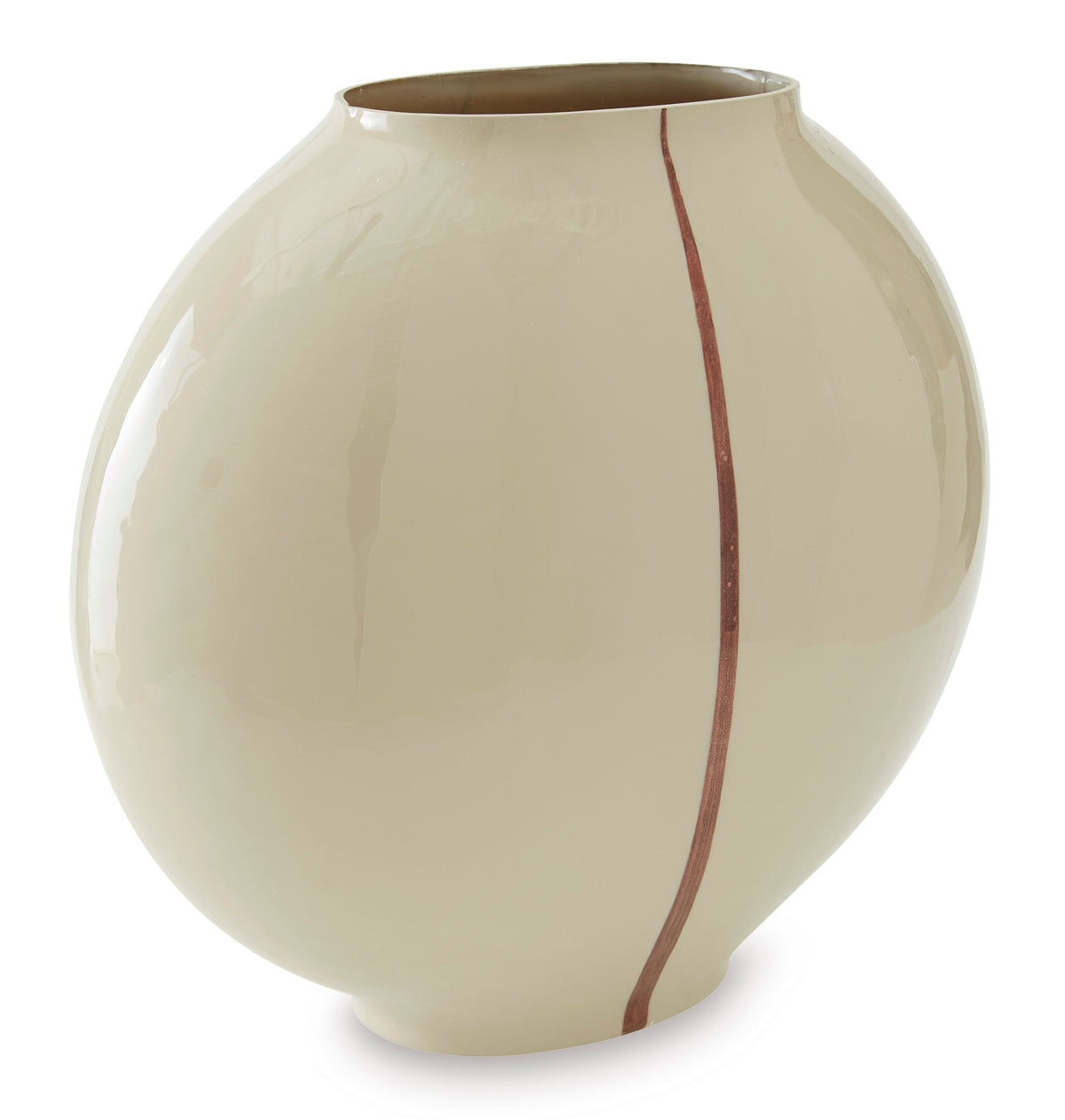 Ashley Sheabourne vase, cream ceramic with glossy finish and sweeping vertical rust stripe.