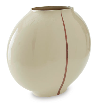 Ashley Sheabourne vase, cream ceramic with glossy finish and sweeping vertical rust stripe.