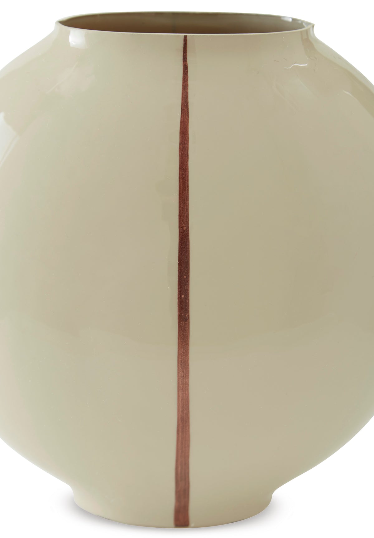 Ashley Sheabourne vase close-up, cream ceramic with vertical rust stripe and wide top opening.