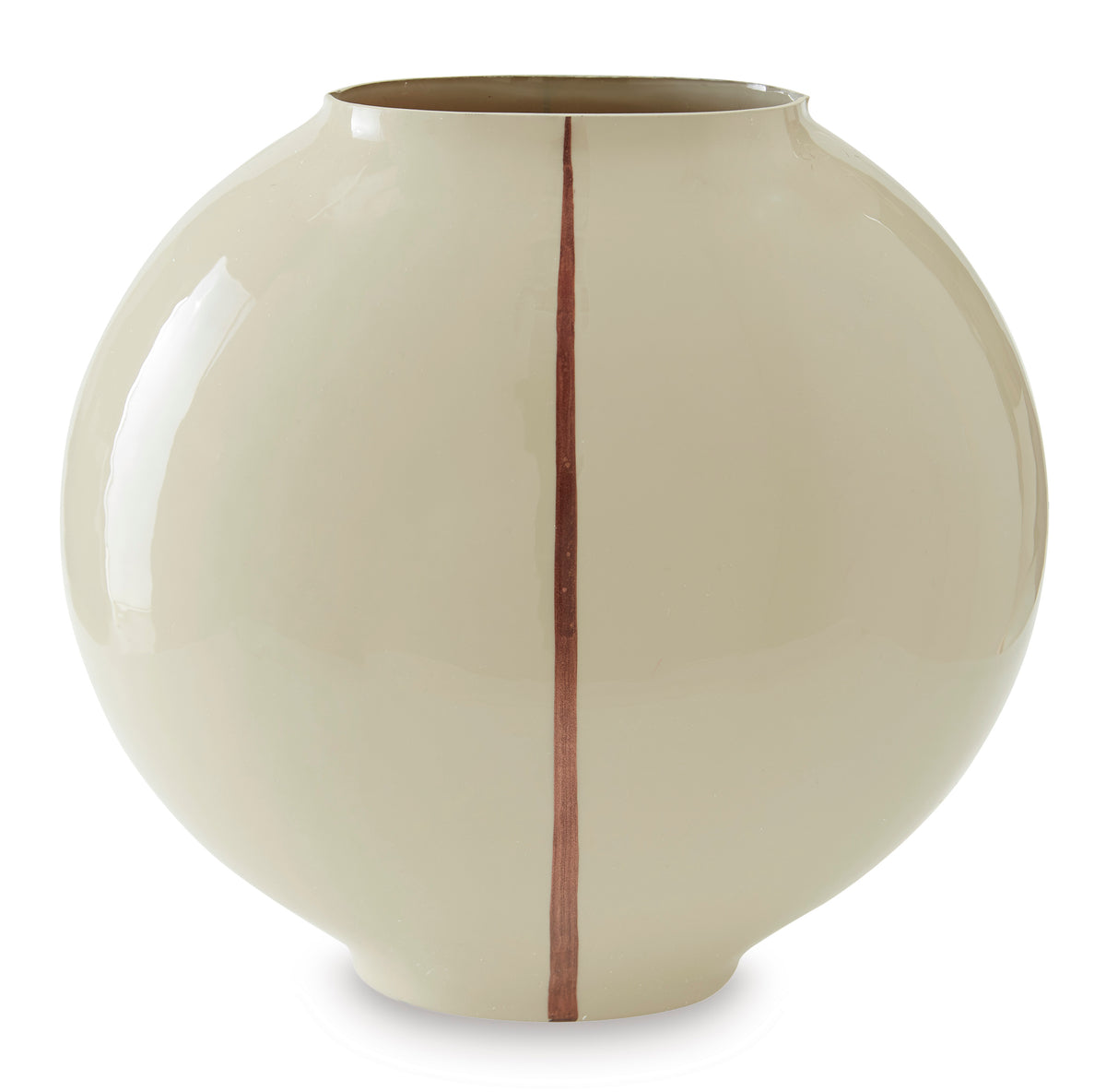 Ashley Sheabourne vase, glossy cream ceramic ball shape with vertical rust stripe.