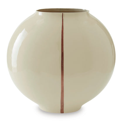 Ashley Sheabourne vase, glossy cream ceramic ball shape with vertical rust stripe.