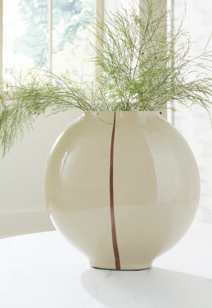 Ashley Sheabourne vase, cream ceramic with vertical rust stripe and rounded bulb profile.