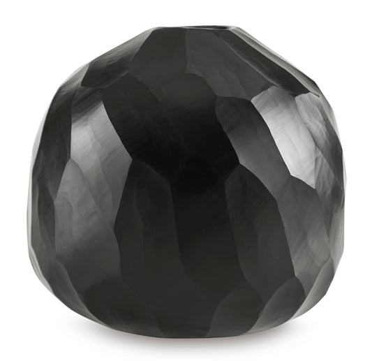 Black faceted vase with faceted geometric pattern, wide round body