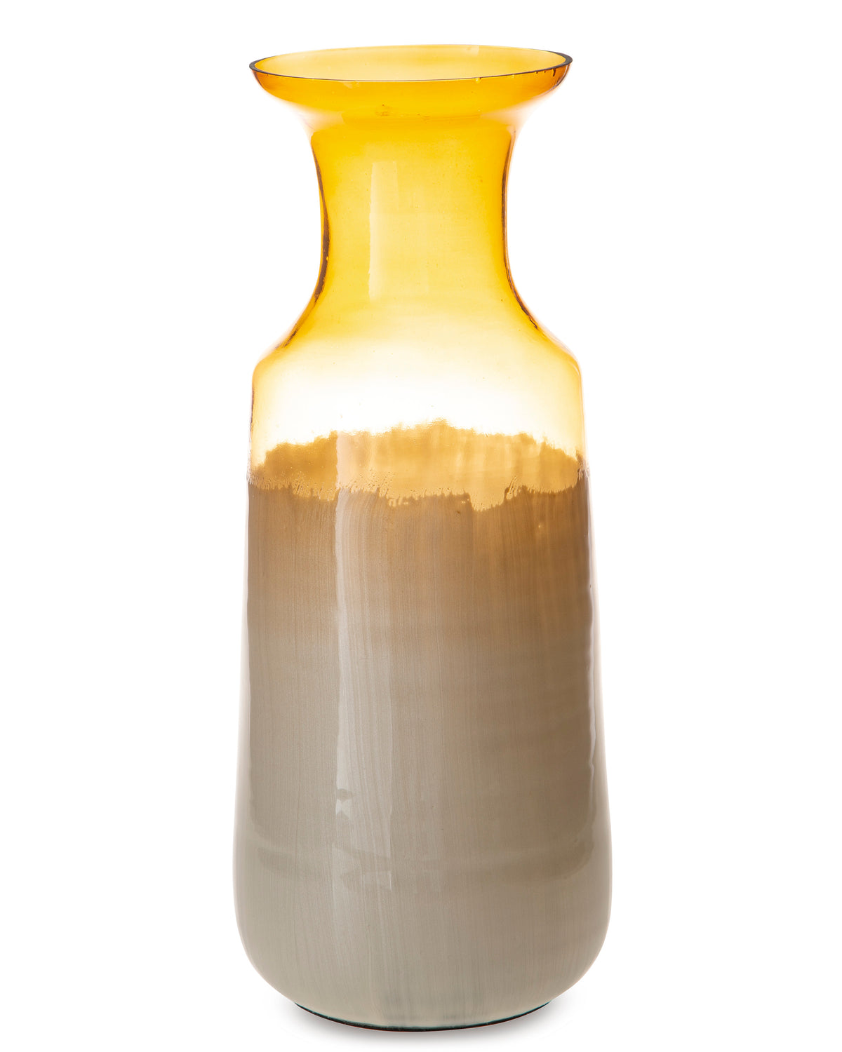 Tall ceramic vase with amber top glaze and muted cream-to-gray ombre down the sides.