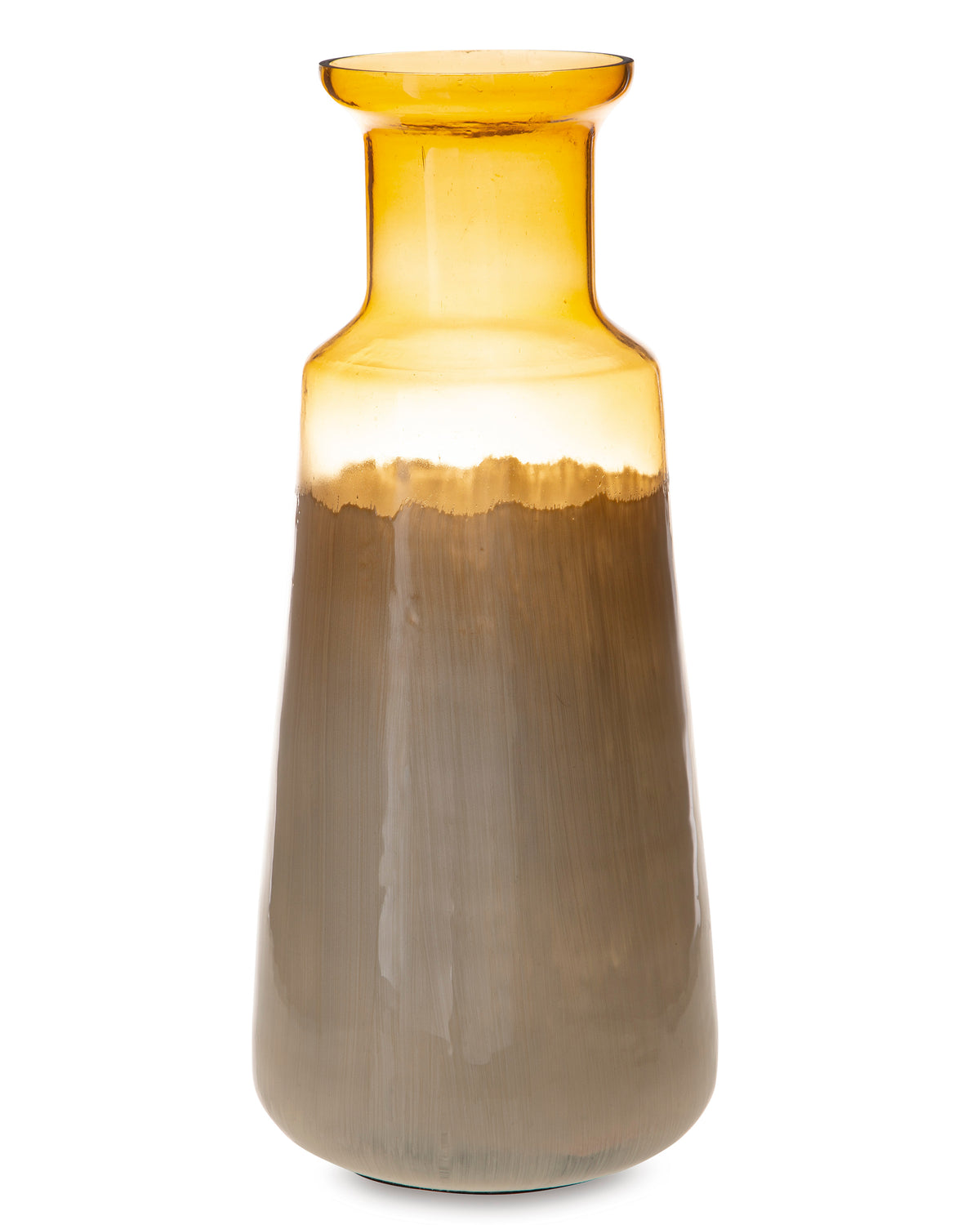 White and amber glazed ceramic vase with bulbous base, flared top, and smooth finish.