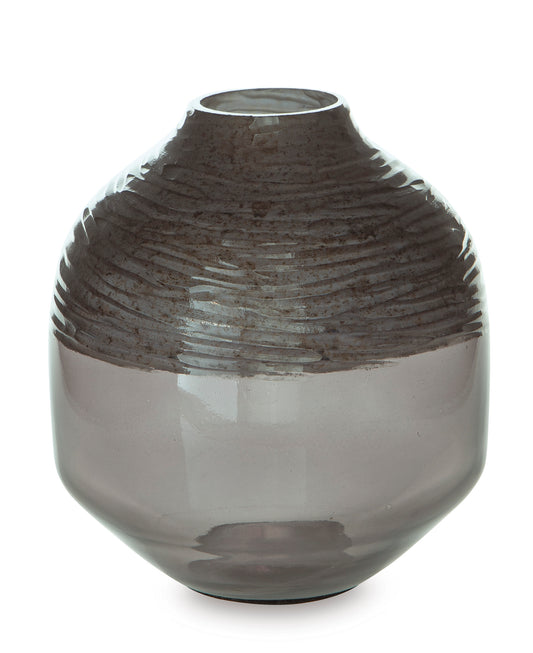 Smoky brown glass vase with ribbed top and glossy spherical body, light gray background.