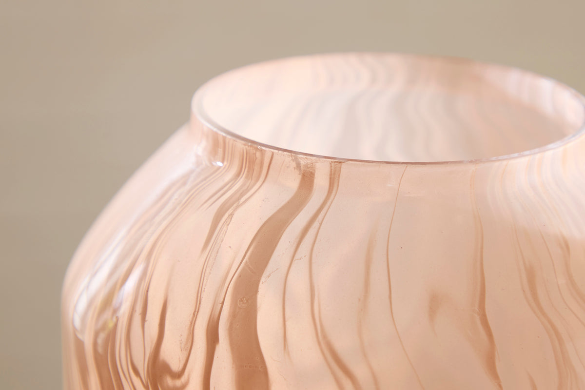 Peach glass vase top with flared rim and vertical wavy texture