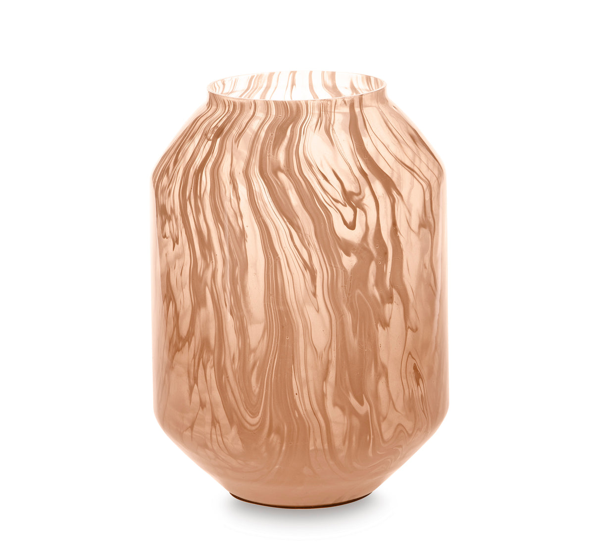 Peach glass vase with flared opening and wavy vertical pattern
