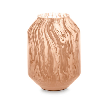 Peach glass vase with flared opening and wavy vertical pattern