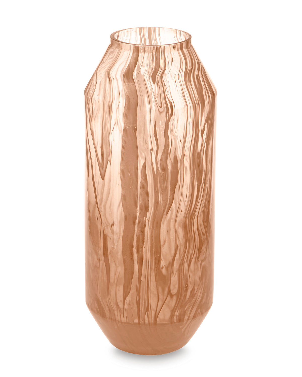 Peach glass vase with tall silhouette and marbled wavy texture