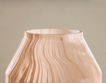 Peach glass vase rim with flared opening and vertical striations