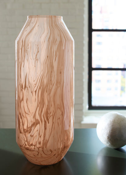 Peach glass vase with vertical wave design and flared lip