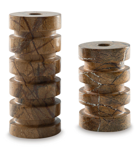 Marble-effect candle holders set of 2, two stacked pedestal bases