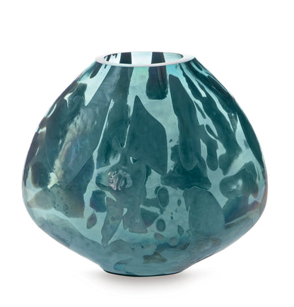 Teal glass vase with fluted rim and rounded, tapering body