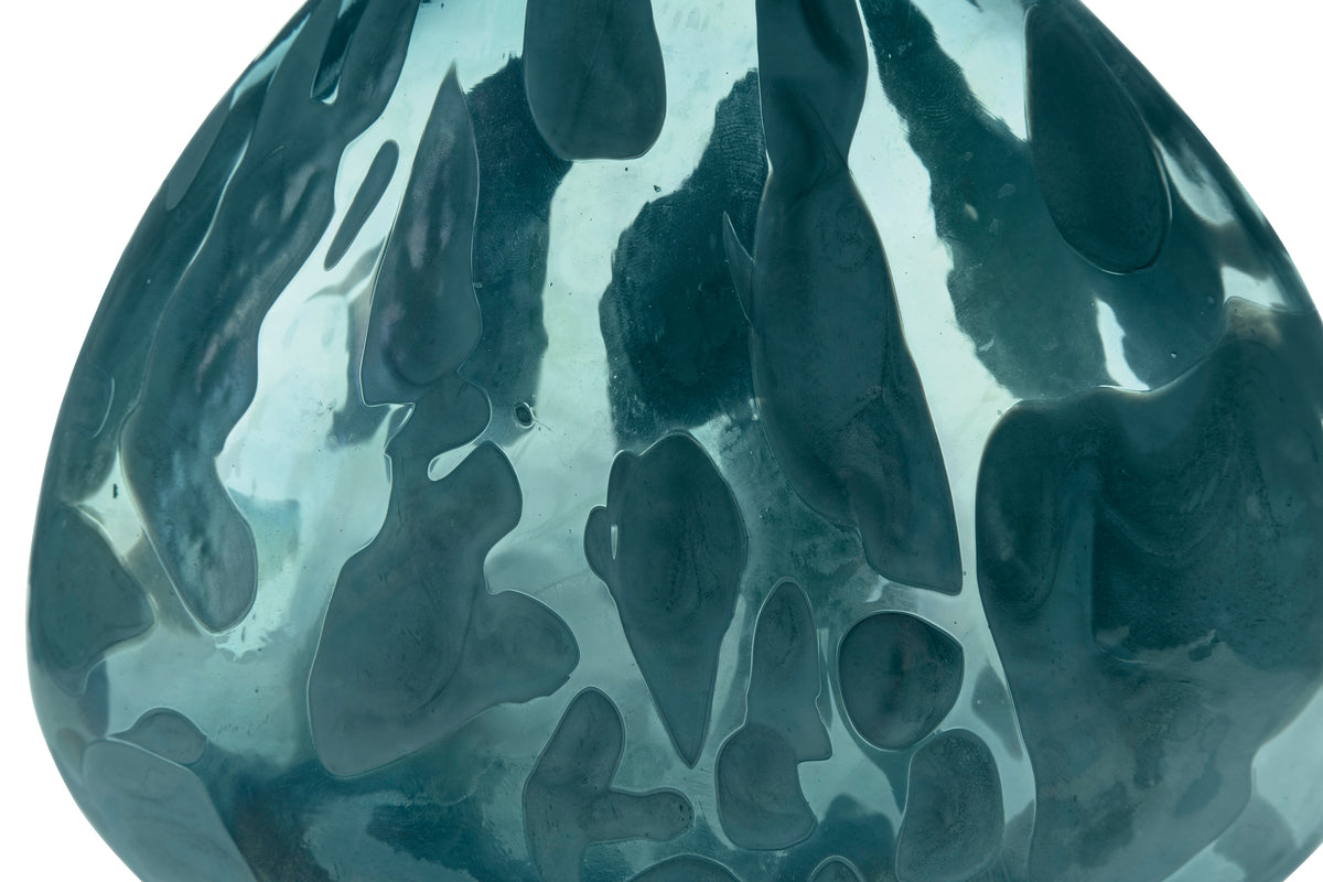 Teal glass vase top view with glossy swirled pattern and fluted rim