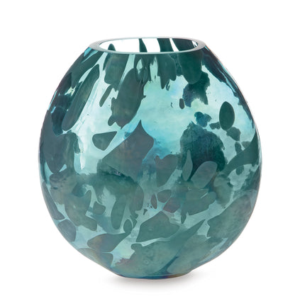 Teal glass vase front view with round shape and fluted opening