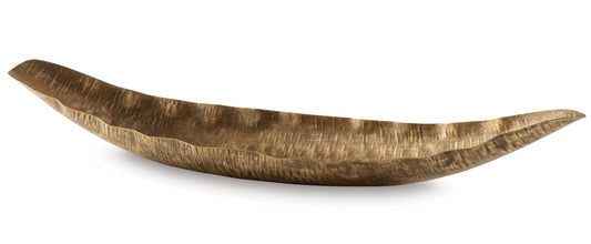 Curved golden-brown wood leaf-shaped serving tray with shallow basin