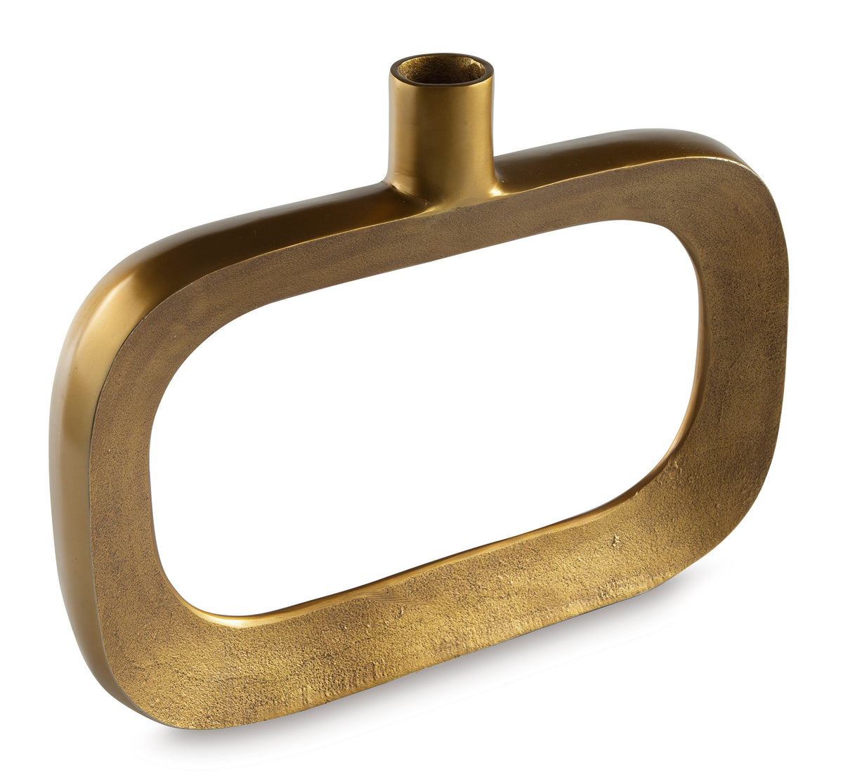 Gold-toned sculptural vase with oval cutout and cylindrical neck, textured metal finish