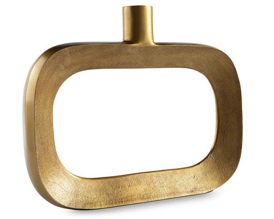Gold-toned vase with oval cutout and cylindrical neck, textured metal finish