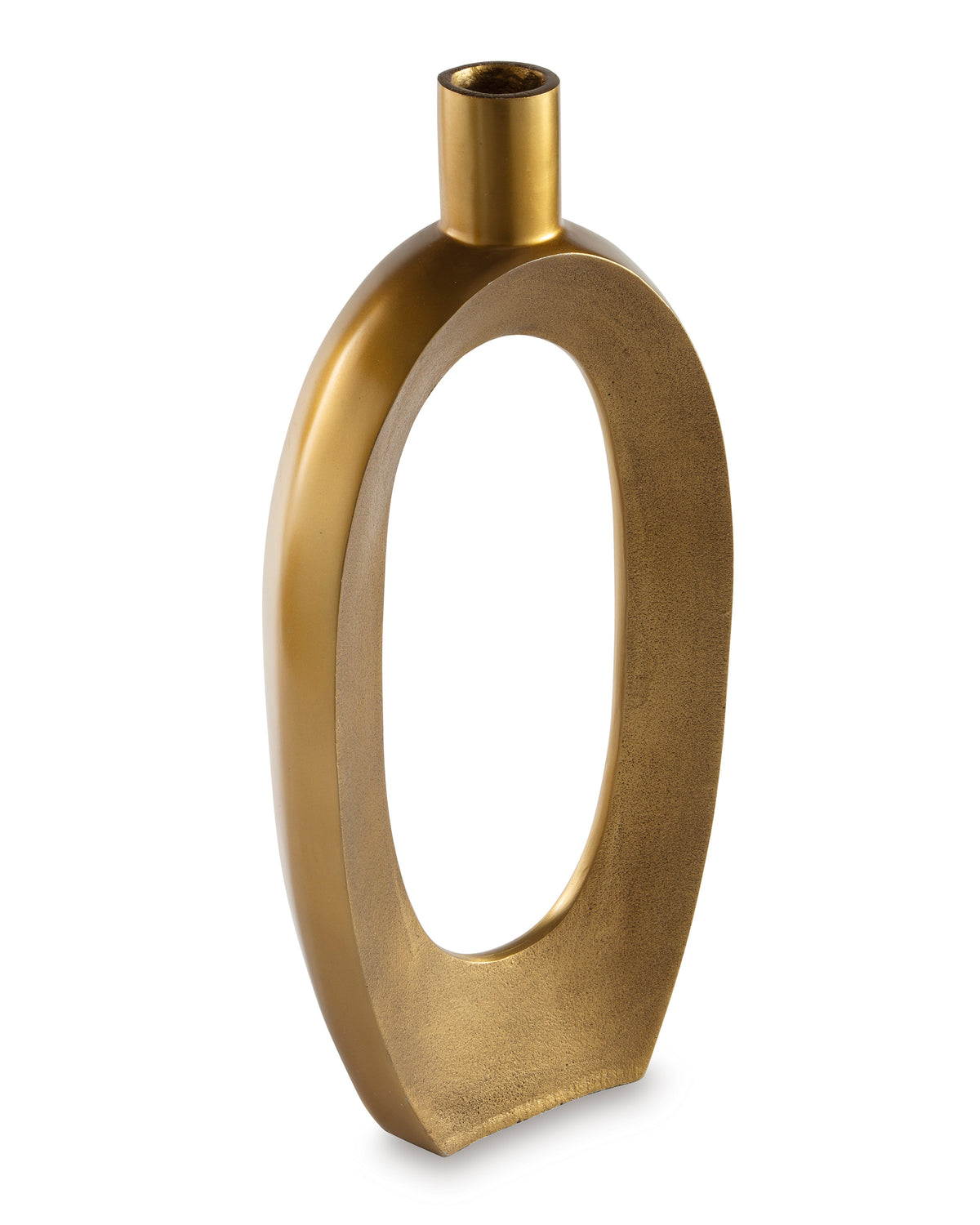 Gold-toned tall vase with oval cutout and cylindrical neck, sculpted profile