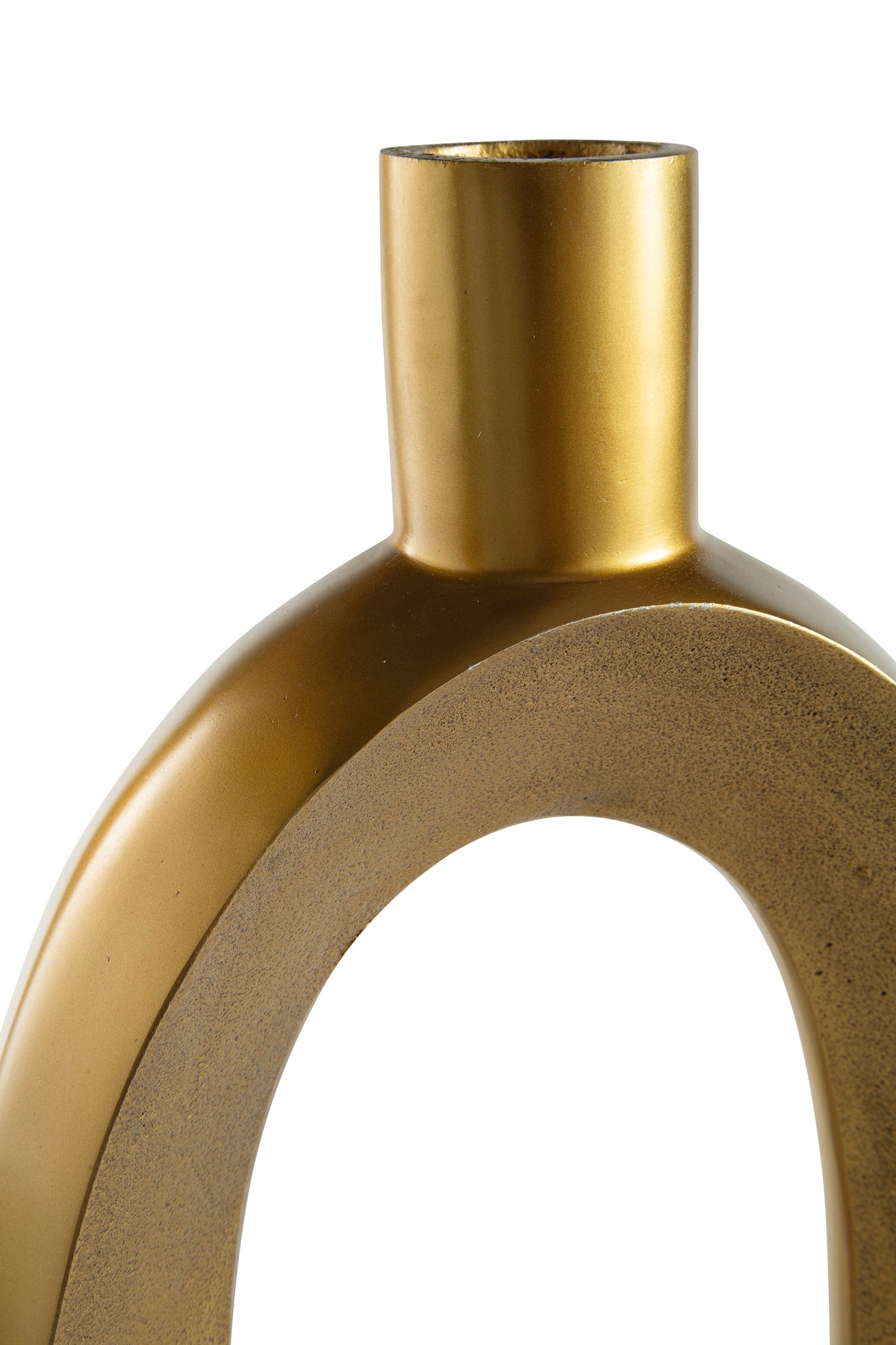 Gold-toned vase neck opening with cylindrical rim, textured metal surface