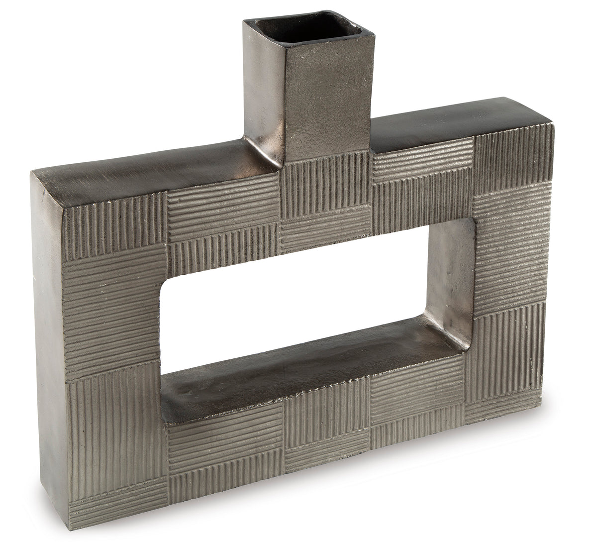 Square geometric metal vase with vertical column and cross-shaped open frame, dark gray