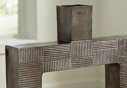 Tall metal vase with textured dark-gray finish and patterned block border around opening