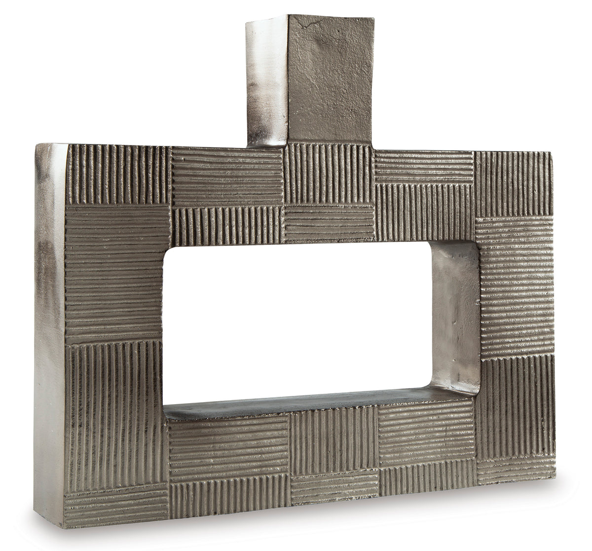 Metal geometric vase featuring a rectangular top stem and open center frame, dark gray