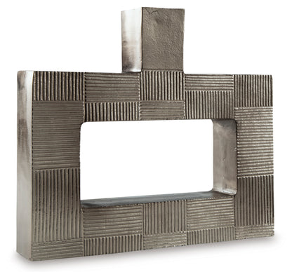 Metal geometric vase featuring a rectangular top stem and open center frame, dark gray