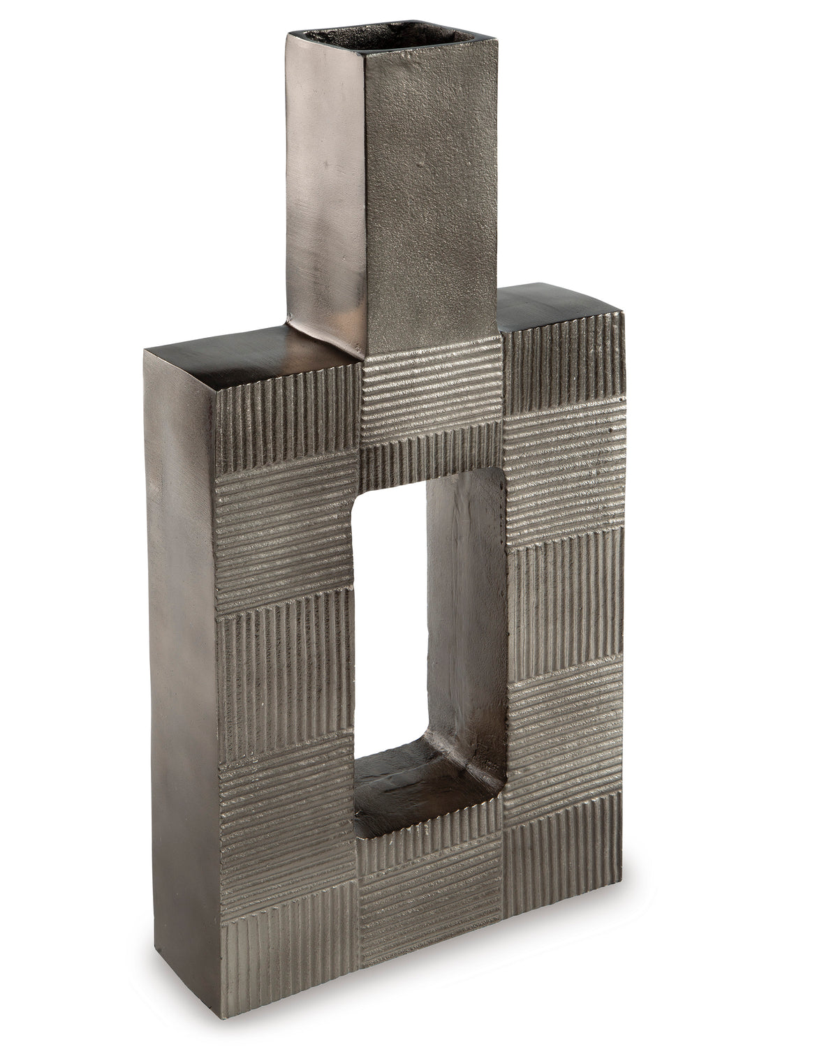 Geometric metal vase with tall cylinder and front rectangular opening, dark gray