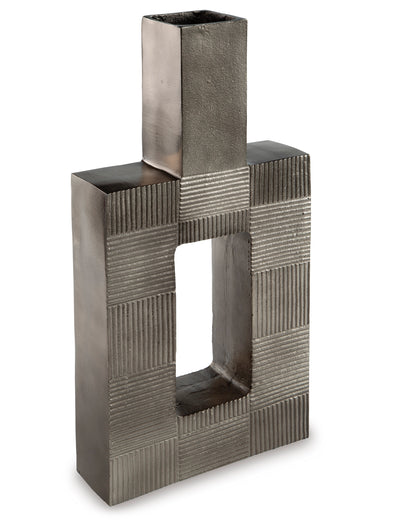 Geometric metal vase with tall cylinder and front rectangular opening, dark gray