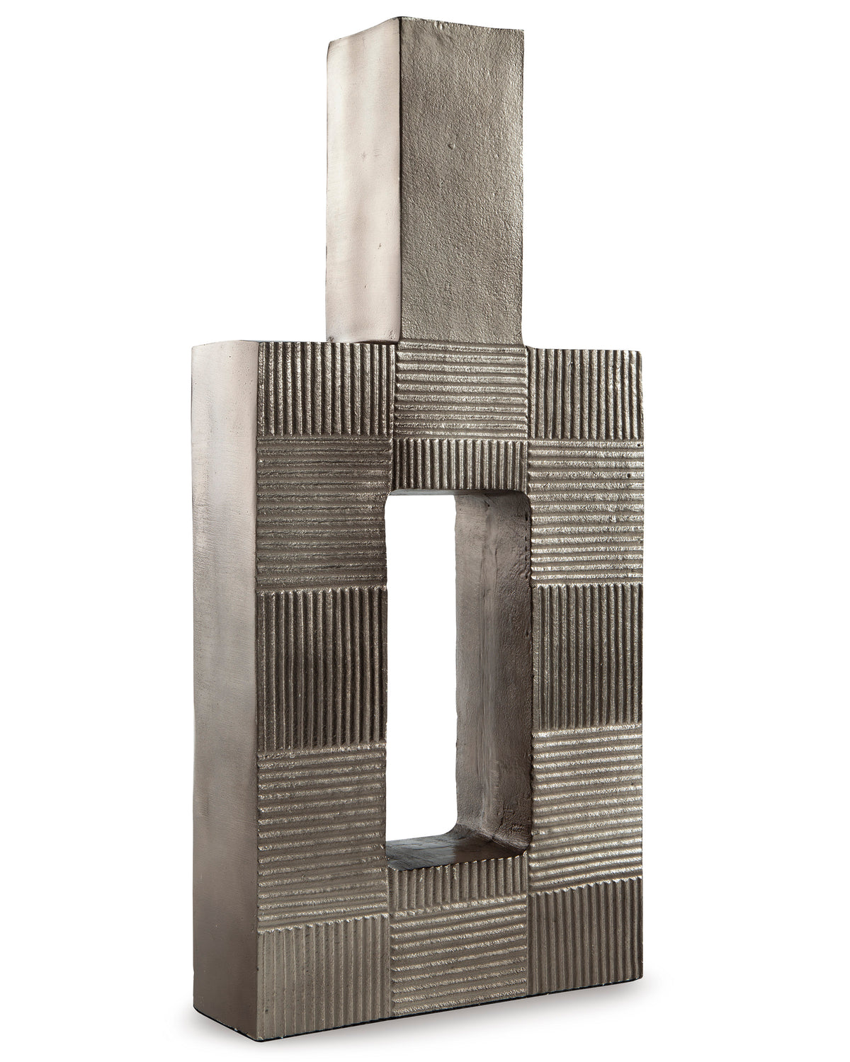 Standing metal geometric vase with tall top column and rectangular open center, dark gray