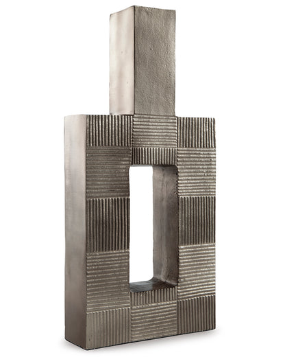 Standing metal geometric vase with tall top column and rectangular open center, dark gray