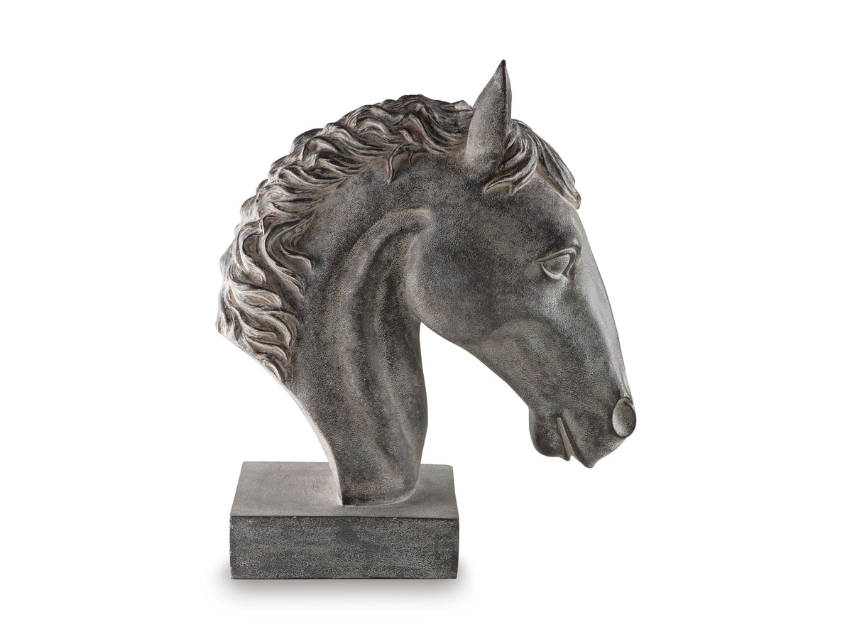 Grey horse head sculpture, three-quarter view, curled mane, mounted on square pedestal