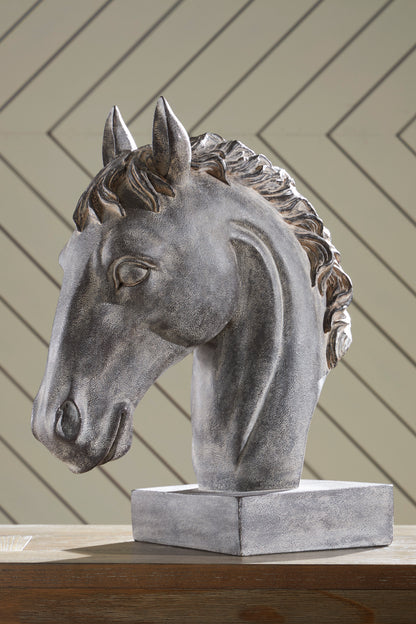 Grey horse head sculpture with flowing mane and pointed ears on square pedestal base
