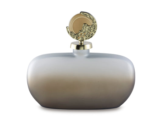 Frosted white decorative lidded jar with gold circular crest finial, centered front view.