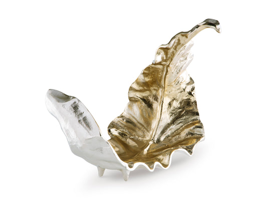 Abstract metal leaf sculpture in gold and silver with scalloped edges