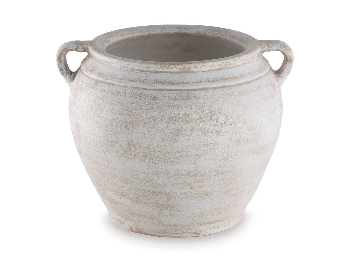 White ceramic urn-style vase with two side handles, wide mouth