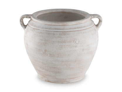 White ceramic urn-style vase with two side handles, wide mouth