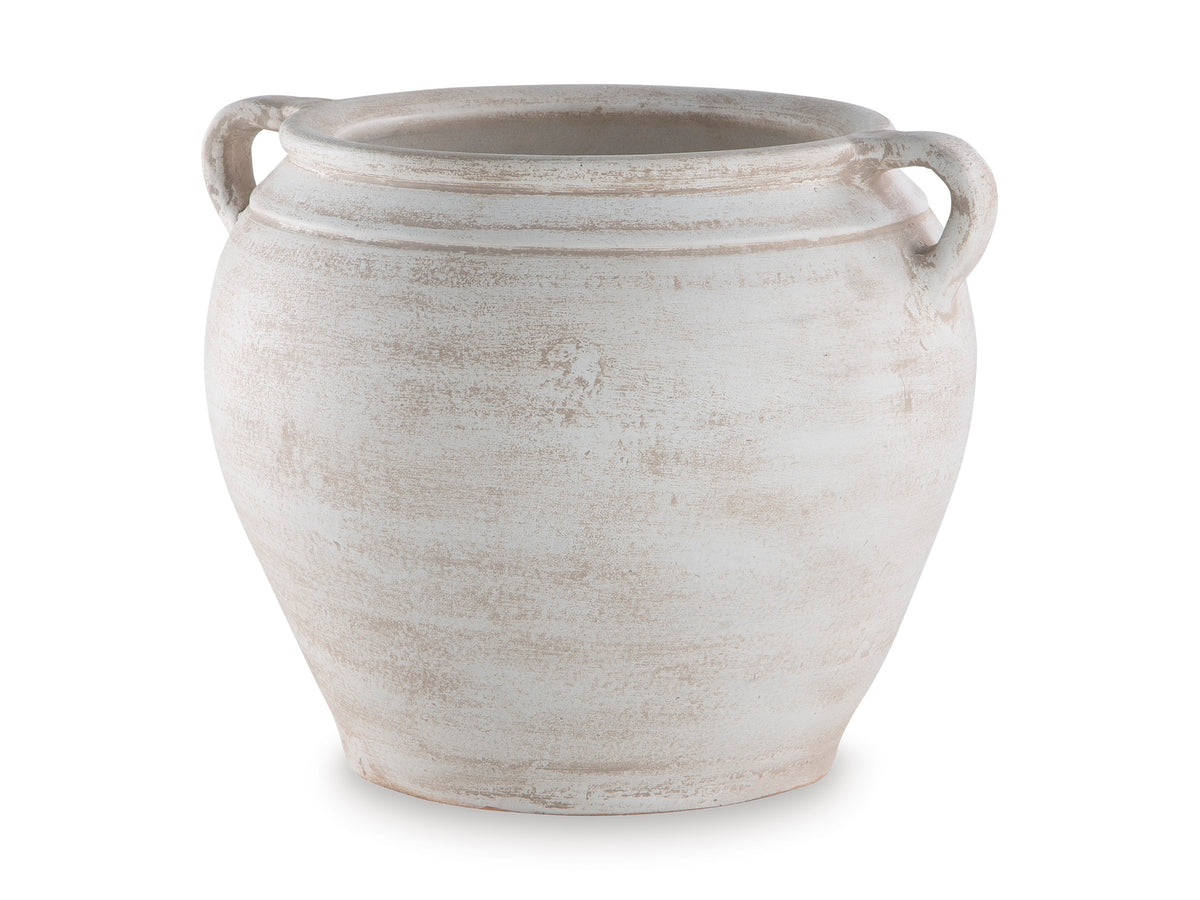 White ceramic vase with distressed finish and twin side handles