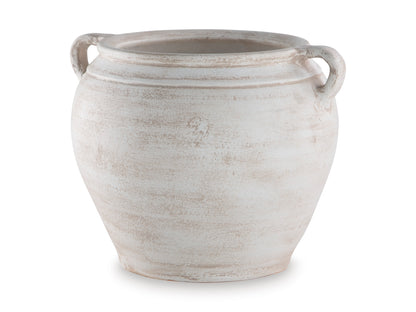 White ceramic vase with distressed finish and twin side handles