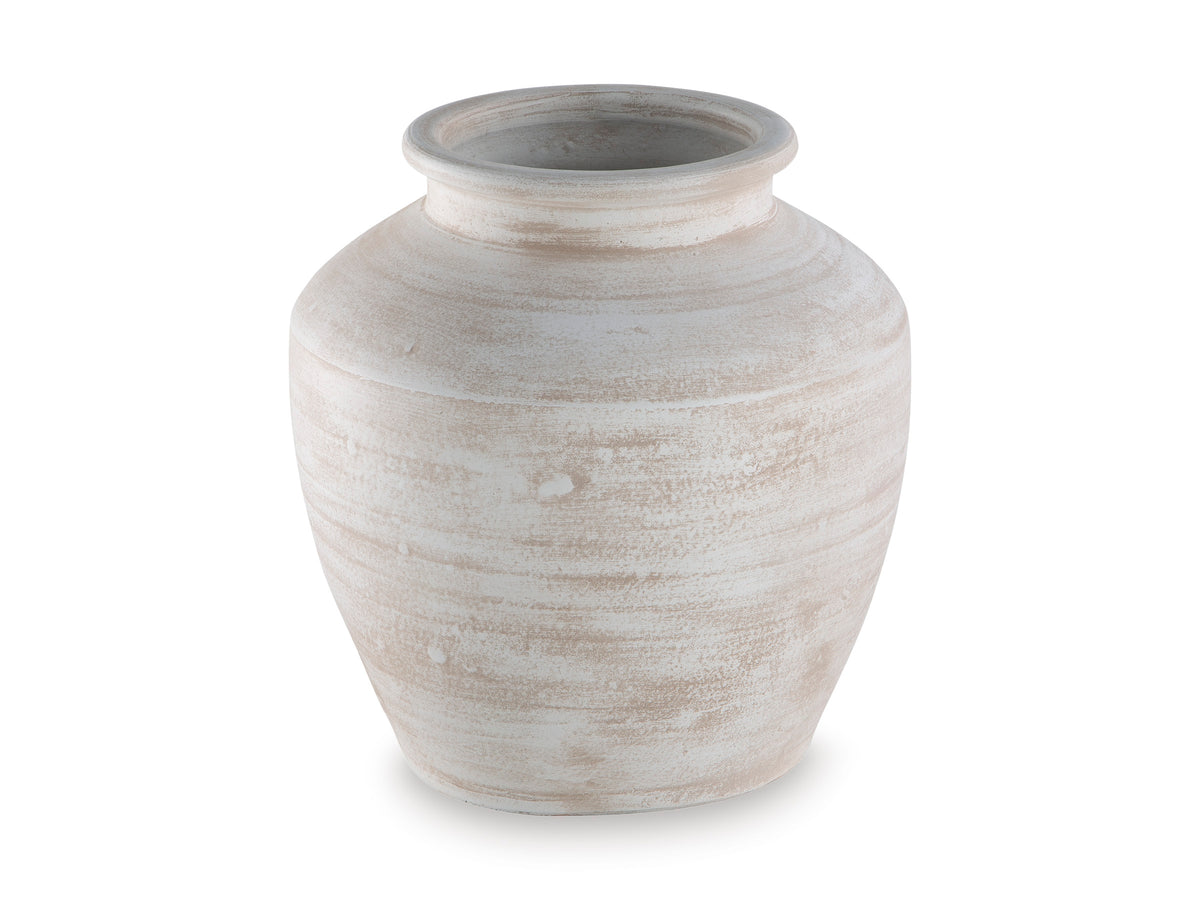 White textured ceramic vase with rounded body and wide opening