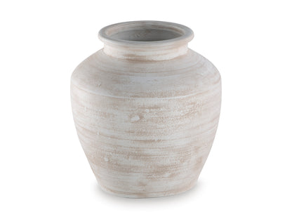 White textured ceramic vase with rounded body and wide opening