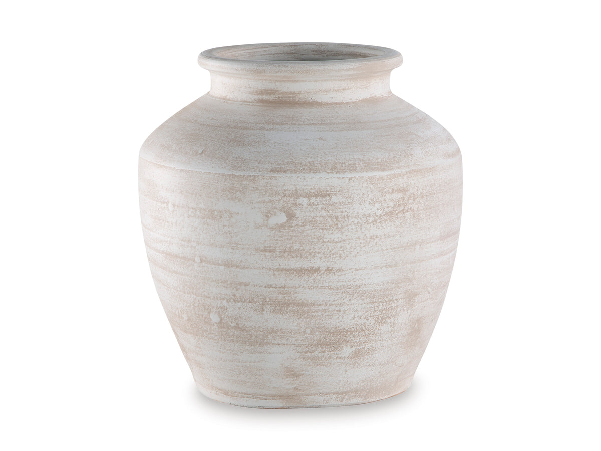 White textured ceramic urn vase with short neck and wide opening