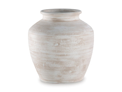 White textured ceramic urn vase with short neck and wide opening