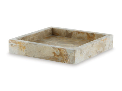 Beige square marble tray with low sides and speckled stone pattern